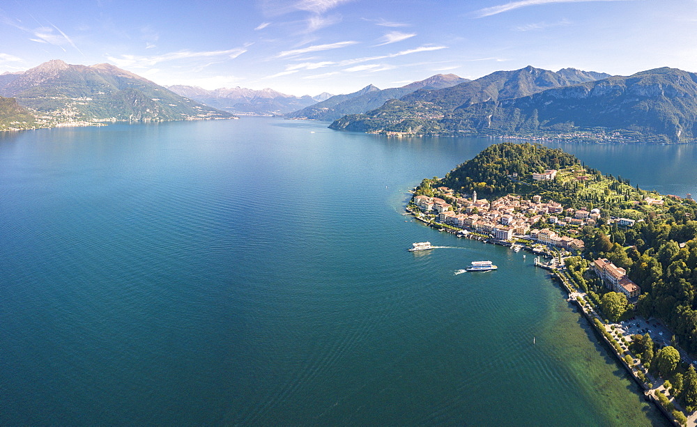 Panoramic aerial view of Bellagio on green promontory surrounded by Lake Como, Province of Como, Lombardy, Italian Lakes, Italy, Europe (Drone)