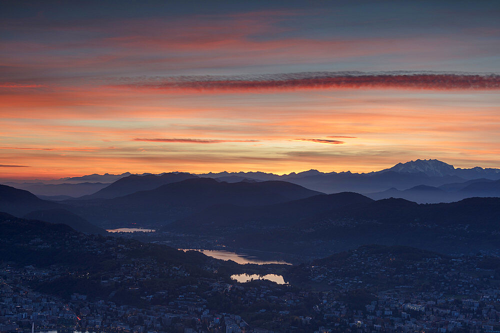 Lugano and Monte Rosa at sunset seen from Monte Bre, Canton of Ticino, Switzerland, Europe