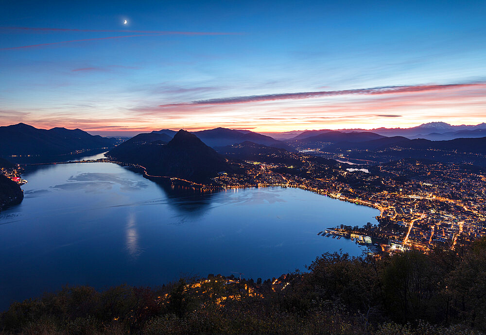 Lake Lugano at sunset seen from Monte Bre, Canton of Ticino, Switzerland, Europe