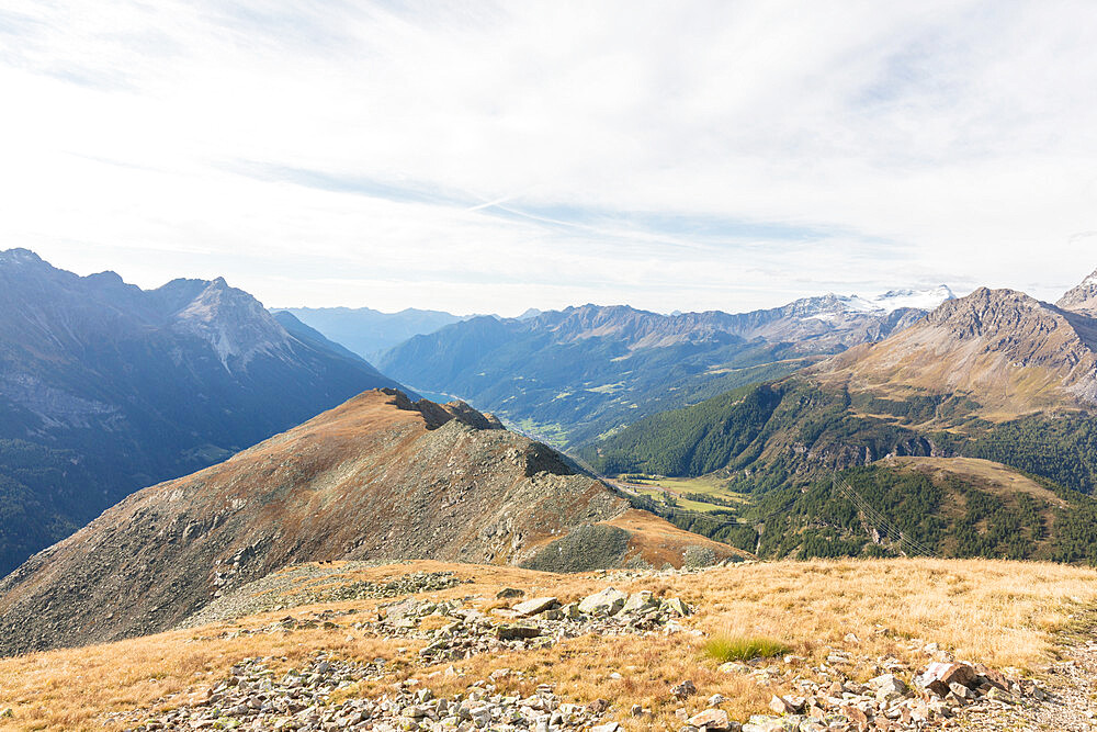 View of Poschiavo Valley from Piz Campasc, Bernina Pass, Engadine, canton of Graubunden, Switzerland, Europe