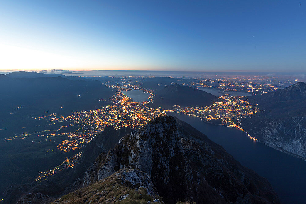 Overview of Lecco at sunrise from Monte Coltignone, Lombardy, Italy, Europe