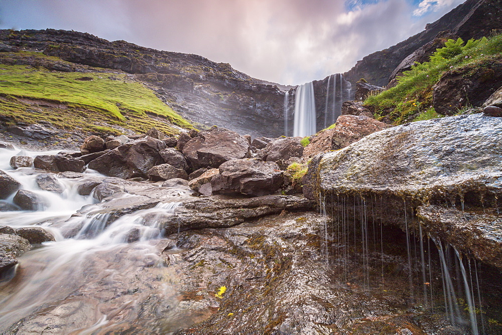 Fossa waterfall, Sunda municipality, Streymoy Island, Faroe Islands, Denmark, Europe