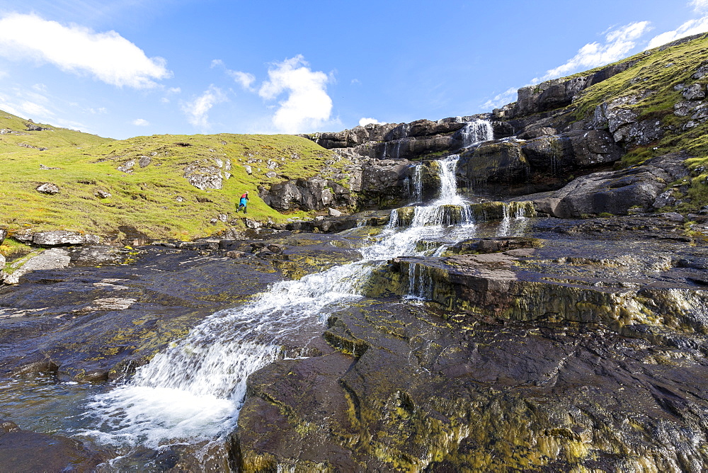 Tyggjara waterfalls, Kaldbakbotsnur, Streymoy Island, Faroe Islands, Denmark, Europe