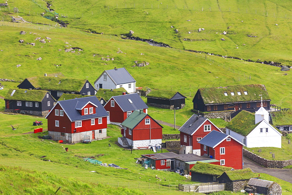 Traditional village of Mykines, Mykines Island, Faroe Islands, Denmark, Europe