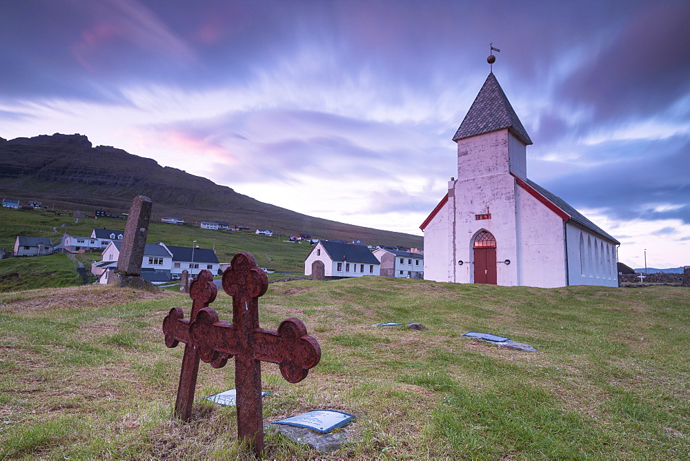 Church of Vidareidi and graveyard, Vidoy Island, Faroe Islands, Denmark, Europe