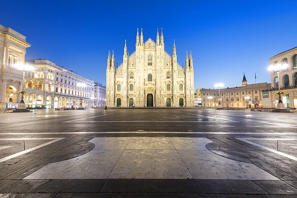 Facade of the Gothic Milan Cathedral (Duomo) at dusk, Milan, Lombardy, Italy, Europe