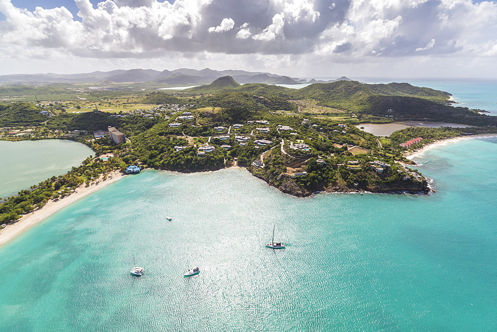 Aerial view of sailboats moored a few meters from the coast of Antigua, Leeward Islands, West Indies, Caribbean, Central America