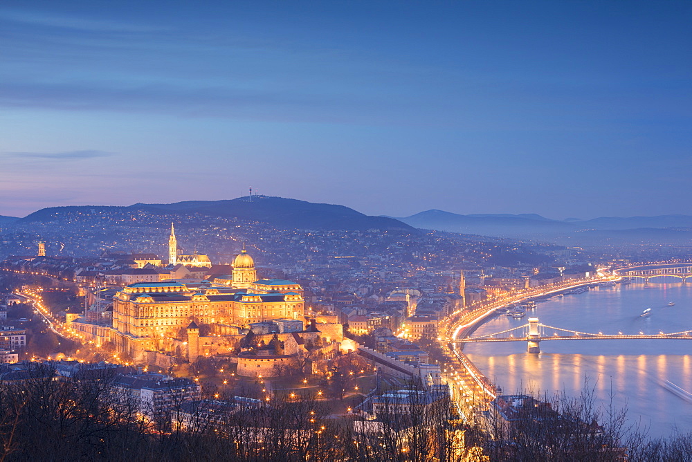 View over the city at dusk from The Citadel on Gellert Hill, Budapest, Hungary, Europe