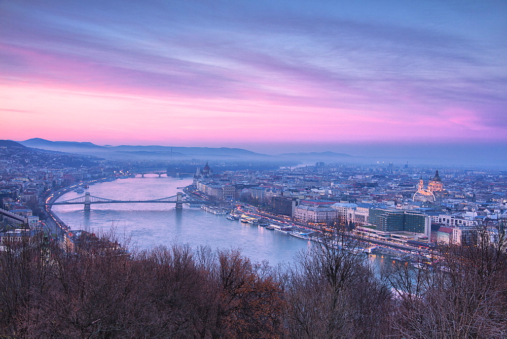 Overview of the city at sunset from The Citadel on Gellert Hill, Budapest, Hungary, Europe