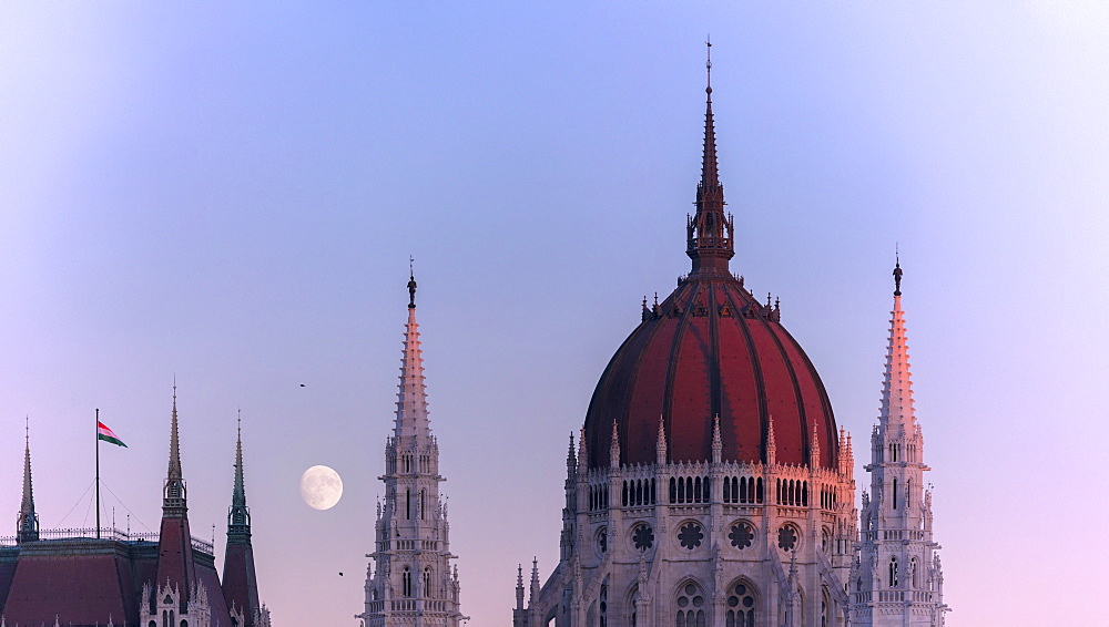 Panoramic of the dome and spire of Parliament Building, Budapest, Hungary, Europe