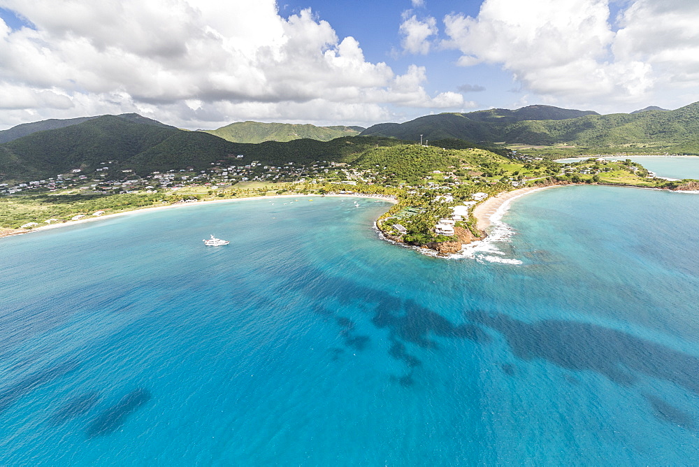 Aerial view of the small peninsula that houses Carlisle Resorts luxurious paradise for tourist of Caribbean, Antigua, Leeward Islands, West Indies, Caribbean, Central America