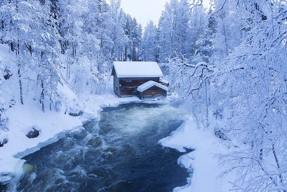 Myllykoski rapids and old mill, Juuma, Oulanka National Park, Kuusamo, Lapland, Finland, Europe