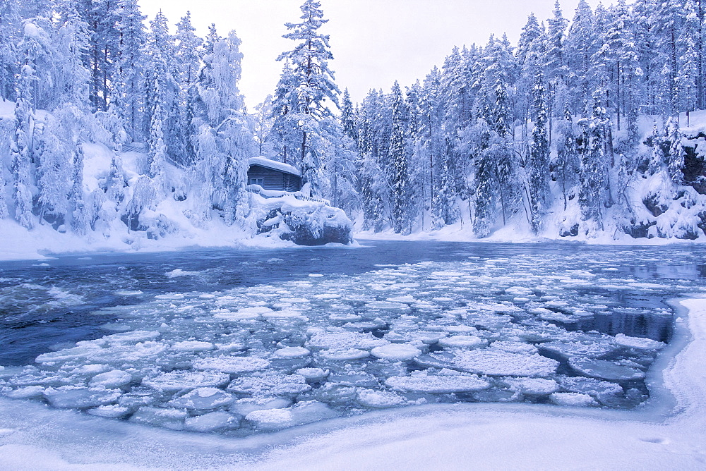 Myllykoski rapids and old mill, Juuma, Oulanka National Park, Kuusamo, Lapland, Finland, Europe