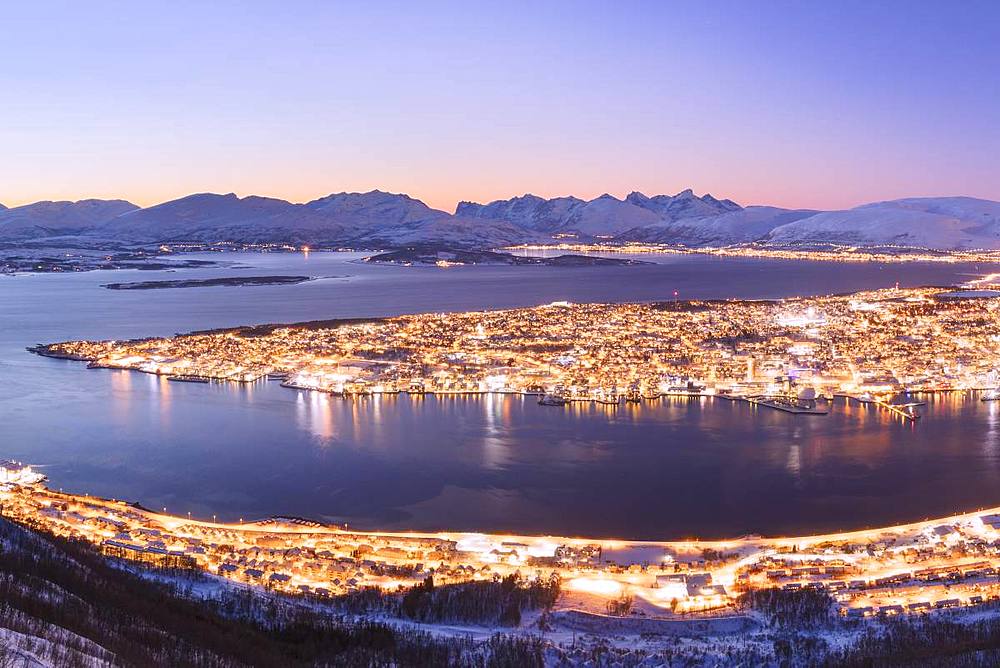 The city of Troms seen from Fjellheisen at dusk, Troms county, Norway, Scandinavia, Europe