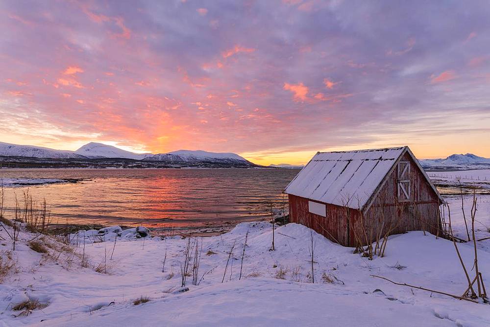 Wood hut by the sea at sunset, Troms, Norway, Scandinavia, Europe