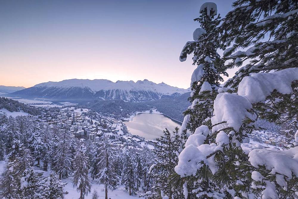 Village and Lake of St. Moritz after a snowfall, Engadine, Canton of Graubunden, Switzerland, Europe