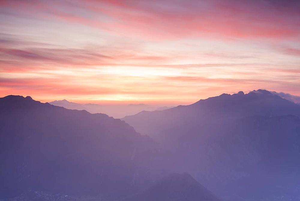 Silhouette of Monte Resegone and Monte Due Mani at dawn, Monte Coltignone, Lecco, Lombardy, Italian Alps, Italy, Europe