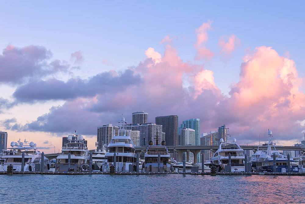 Yacht at the marina and Downtown Miami in background seen from Watson Island, Miami, Florida, United States of America, North America