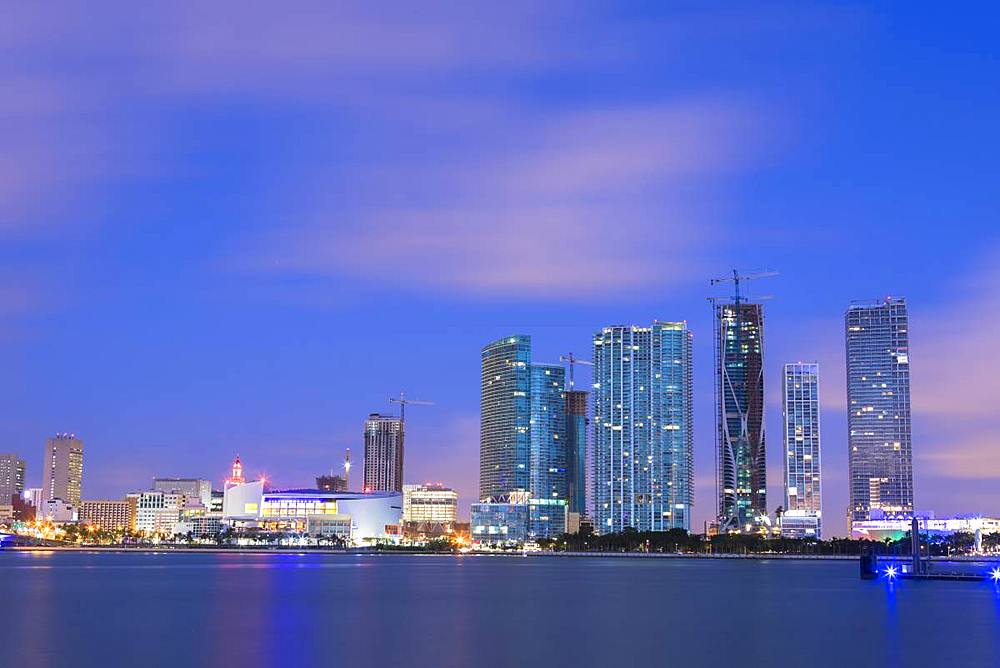 Night skyline of Downtown Miami from Watson Island, Miami, Florida, United States of America, North America