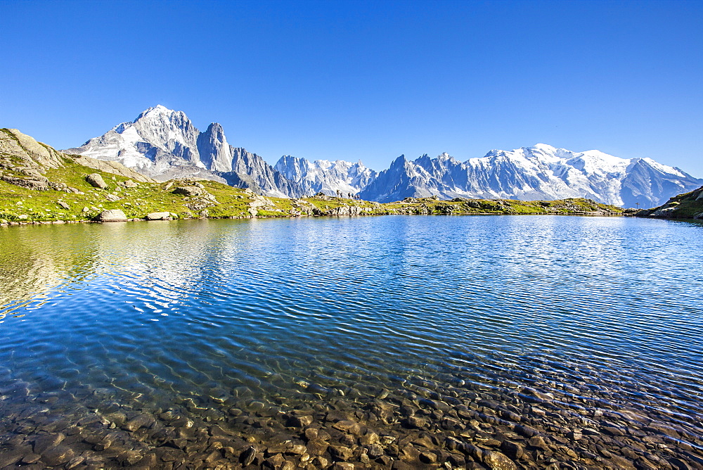 Mont Blanc from Lac des Cheserys, Haute Savoie. French Alps, France, Europe 