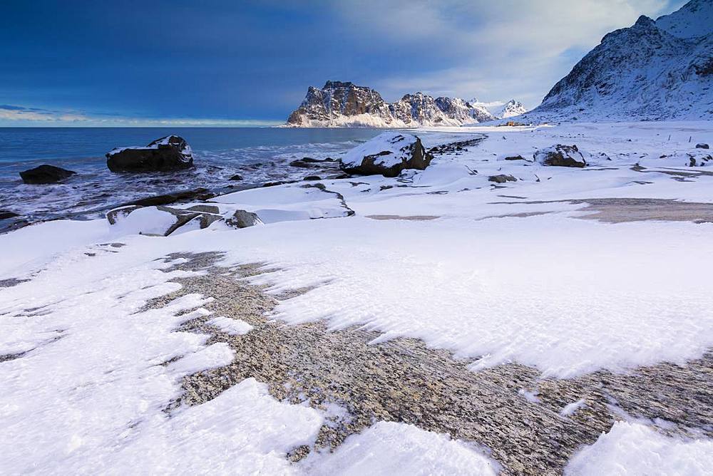 Uttakleiv Beach covered with snow, Vestvagoy, Lofoten Islands, Nordland, Norway, Europe