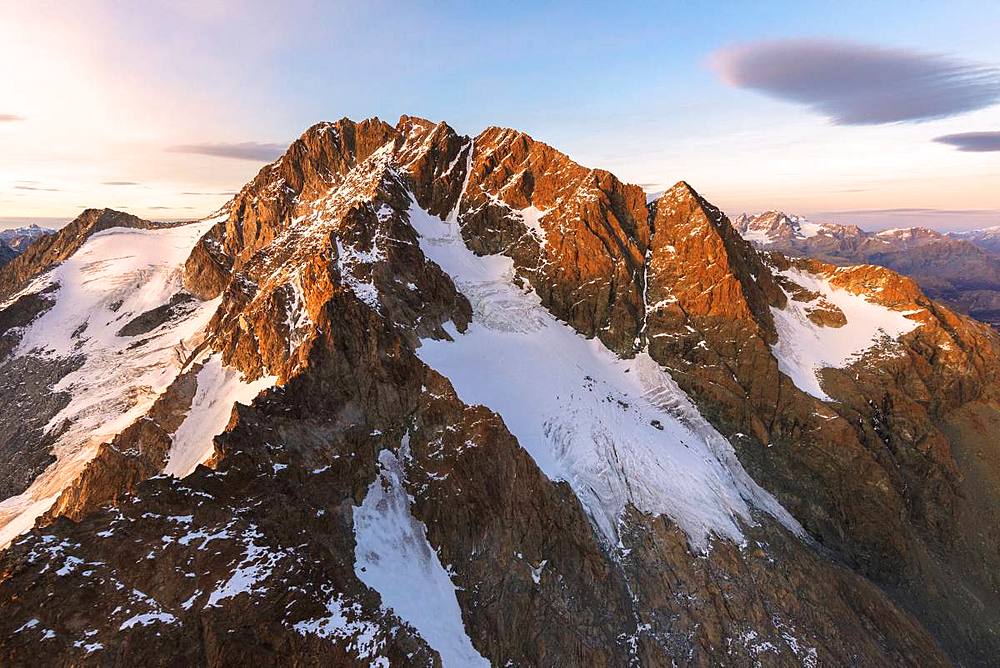 Aerial view of Monte Disgrazia at sunset, Valmalenco, Val Masino, Valtellina, Lombardy, Italy, Europe