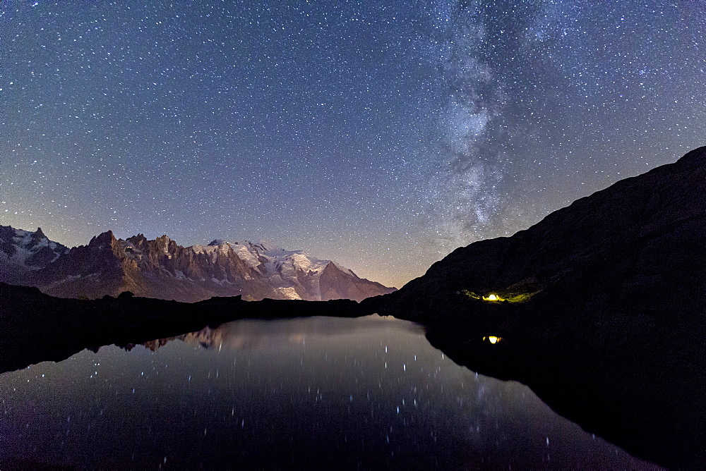 Camping under the stars at Lac des Cheserys, Mont Blanc in centre, Europe's highest peak, Chamonix, Haute Savoie, French Alps, France, Europe