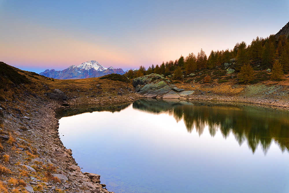 Autumnal sunrise on Monte Disgrazia and Lakes of Campagneda, Valmalenco, Valtellina, Sondrio province, Lombardy, Italy, Europe