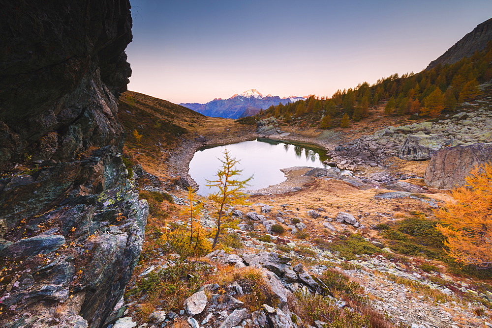 Sunrise on Lakes of Campagneda during autumn, Valmalenco, Valtellina, Sondrio province, Lombardy, Italy, Europe