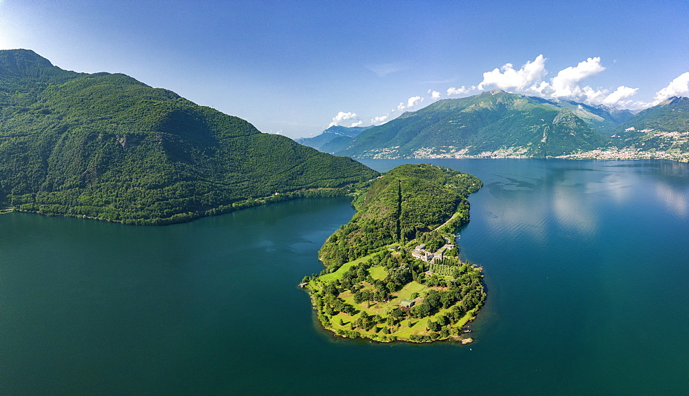 Panoramic aerial view of Piona Abbey (Abbazia Priorato di Piona) and Lake Como, Colico, Lecco province, Lombardy, Italian Lakes, Italy, Europe