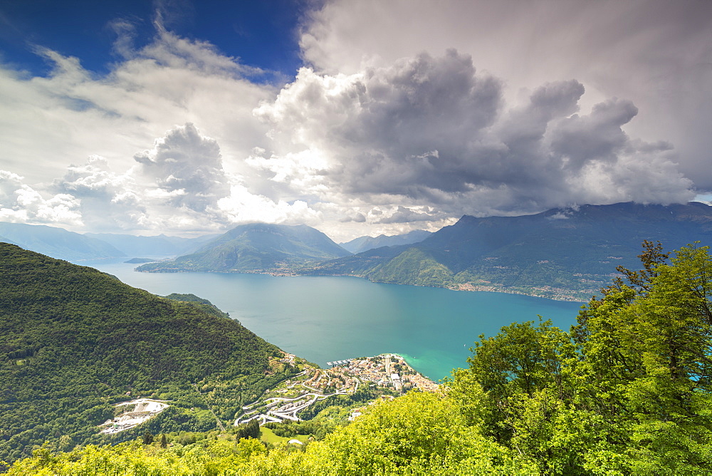 View of Bellano and Lake Como from the green hills of San Grato, Vendrogno, Lecco province, Lombardy, Italian Lakes, Italy, Europe