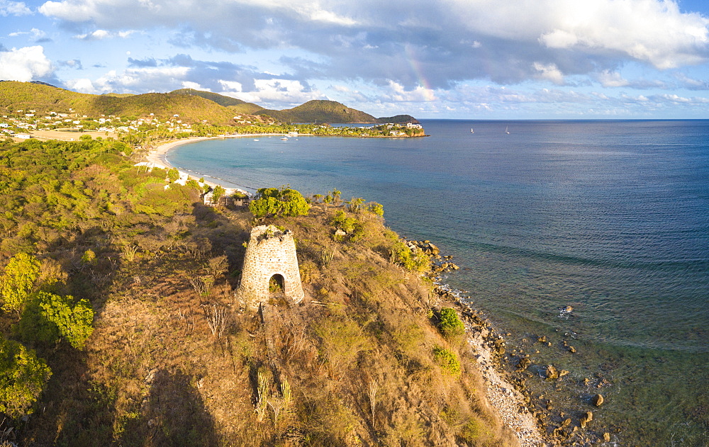 Panoramic of Cades Bay and ruin of old sugar mill, Antigua and Barbuda, Leeward Islands, West Indies, Caribbean, Central America