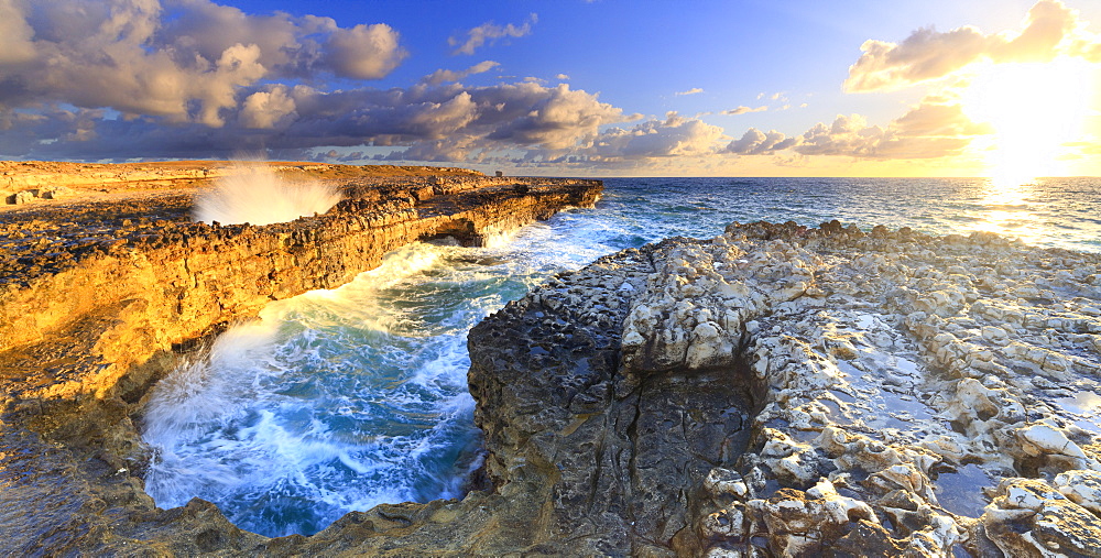 Panoramic of Devil's Bridge at dawn, Antigua, Antigua and Barbuda, Leeward Islands, West Indies, Caribbean, Central America