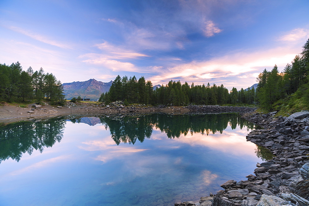 Lago Azzurro at sunrise, Spluga Valley, Sondrio province, Valtellina, Lombardy, Italy, Europe