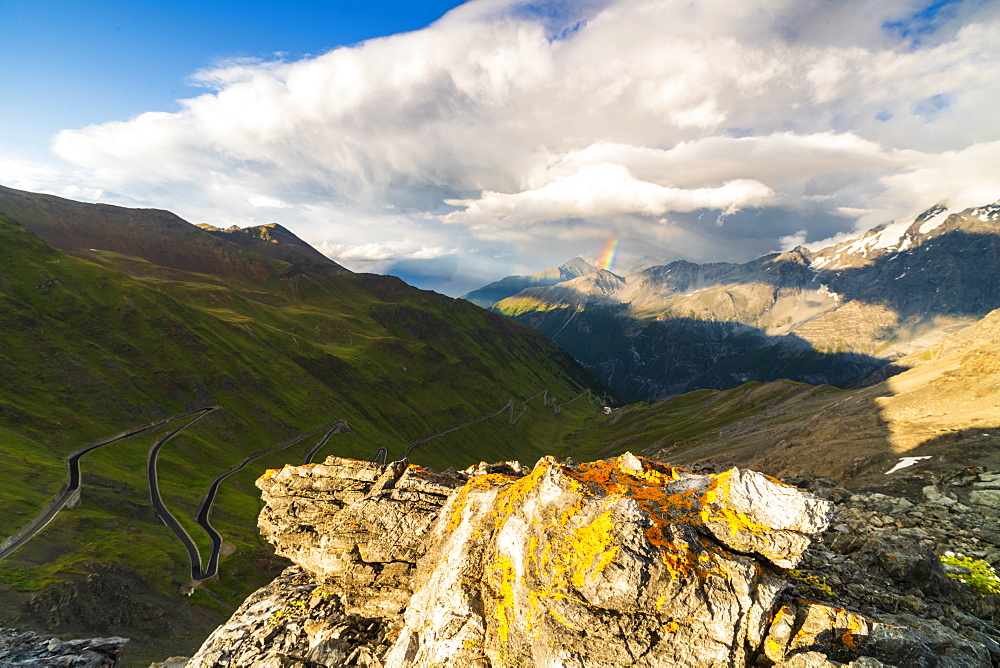 Rainbow on the rocky peaks, Stelvio Pass, South Tyrol side, Valtellina, Lombardy, Italy, Europe