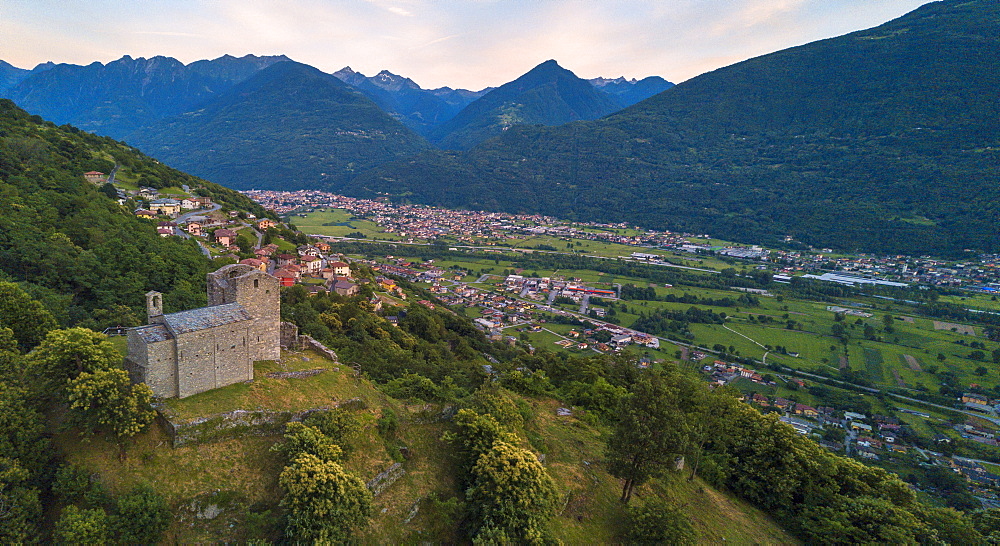 Panoramic elevated view of Castello di Domofole, Costiera dei Cech, Mello, Sondrio province, Valtellina, Lombardy, Italy, Europe