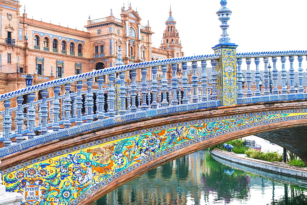 Bridge Puente de Aragon ornate with azulejos, Spanish ceramic tiles in Art Deco Style, Plaza Espana, Seville, Andalusia, Spain, Europe