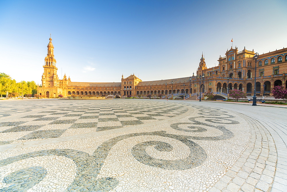 Shape and design of the stone mosaic flooring, Plaza de Espana, Seville, Andalusia, Spain, Europe