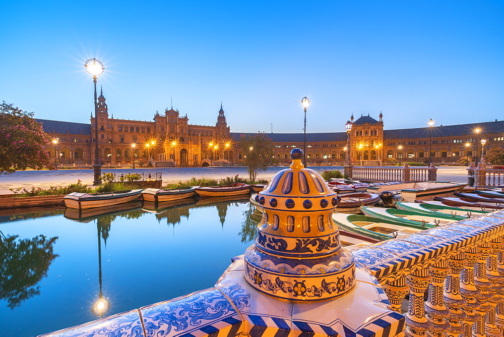 Details of decorated ceramic balustrade along the canal, Plaza de Espana, Seville, Andalusia, Spain, Europe