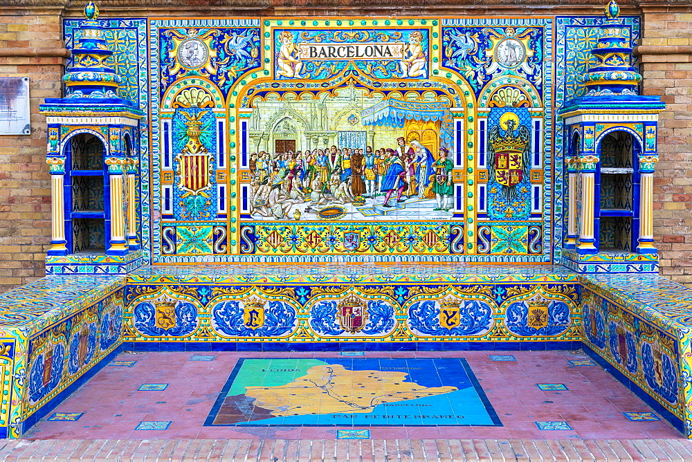 Alcove and benches adorned with Azulejos ceramic tiles depicts Spain provinces, Plaza de Espana, Seville, Andalusia, Spain, Europe