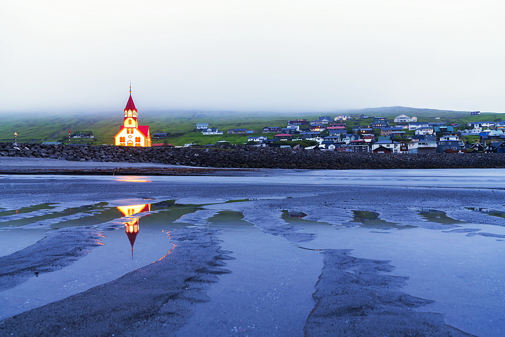 Church of Sandavagur at dusk, Vagar island, Faroe Islands, Denmark, Europe