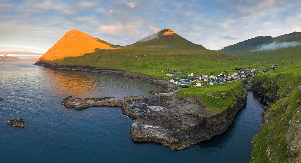 Elevated panoramic view of Gjogv, Eysturoy island, Faroe Islands, Denmark, Europe