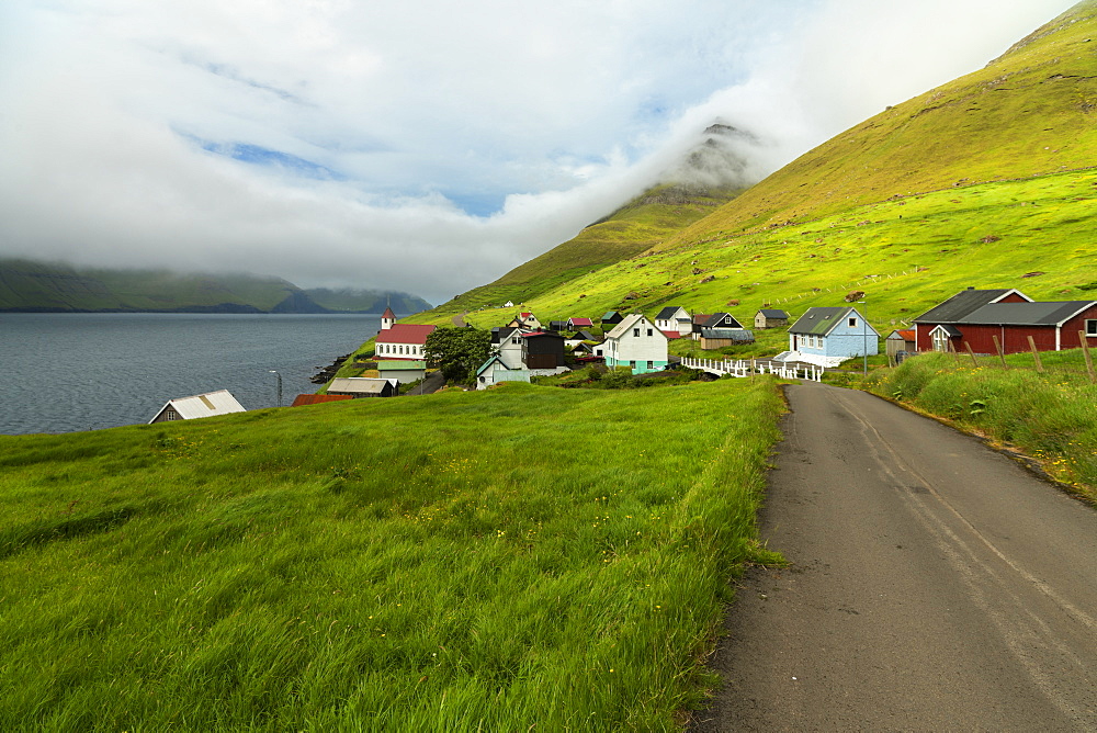 Coastal village of Kunoy, Kunoy island, Faroe Islands, Denmark, Europe