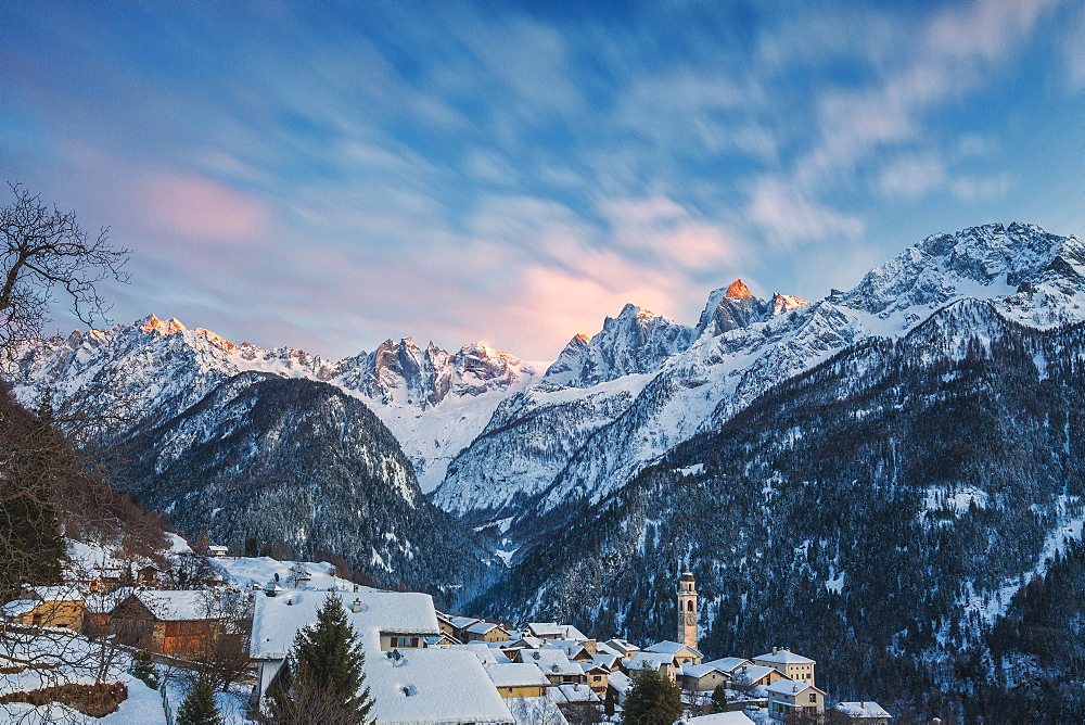 Alpine village of Soglio covered with snow, Bregaglia Valley, Maloja Region, Canton of Graubunden, Switzerland, Europe