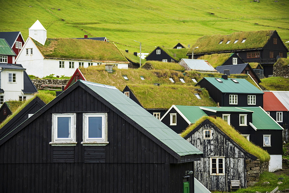 Traditional houses with grass roof, Mykines island, Faroe Islands, Denmark, Europe