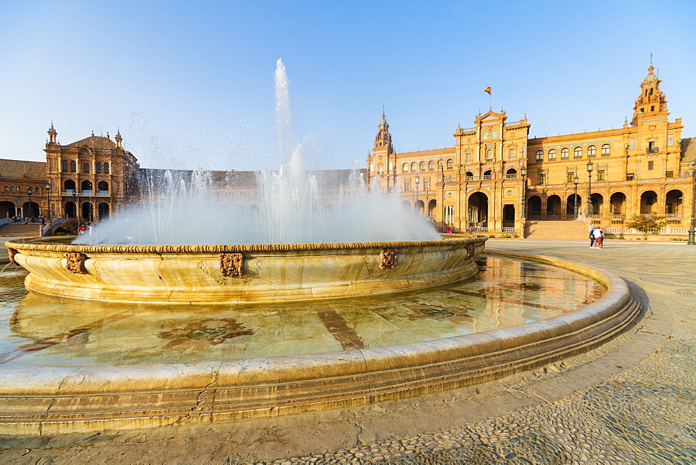 Vicente Traver fountain facing the central building of Plaza de Espana, Seville, Andalusia, Spain, Europe