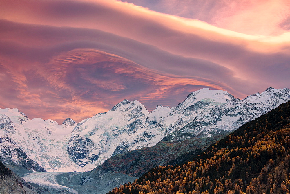 Sunset clouds above Piz Bernina and Morteratsch glacier, Engadine, canton of Graubunden, Switzerland, Europe