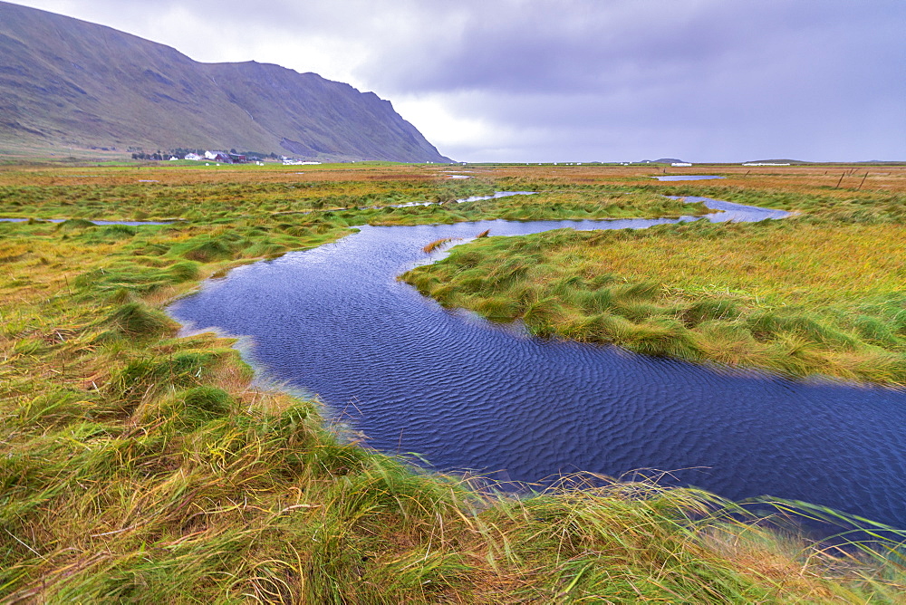 Flowing water of winding creek, Fredvang, Nordland county, Lofoten Islands, Norway, Europe