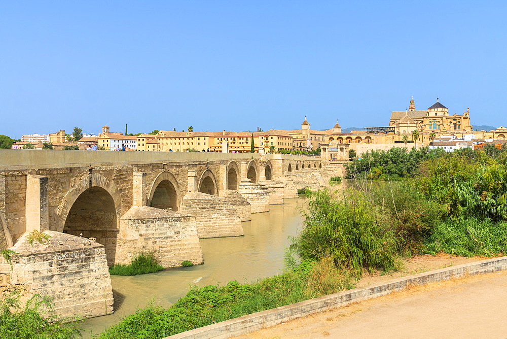 Puente Romano (Roman bridge) along Guadalquivir River with Mezquita Cathedral in background, Cordoba, UNESCO World Heritage Site, Andalusia, Spain, Europe