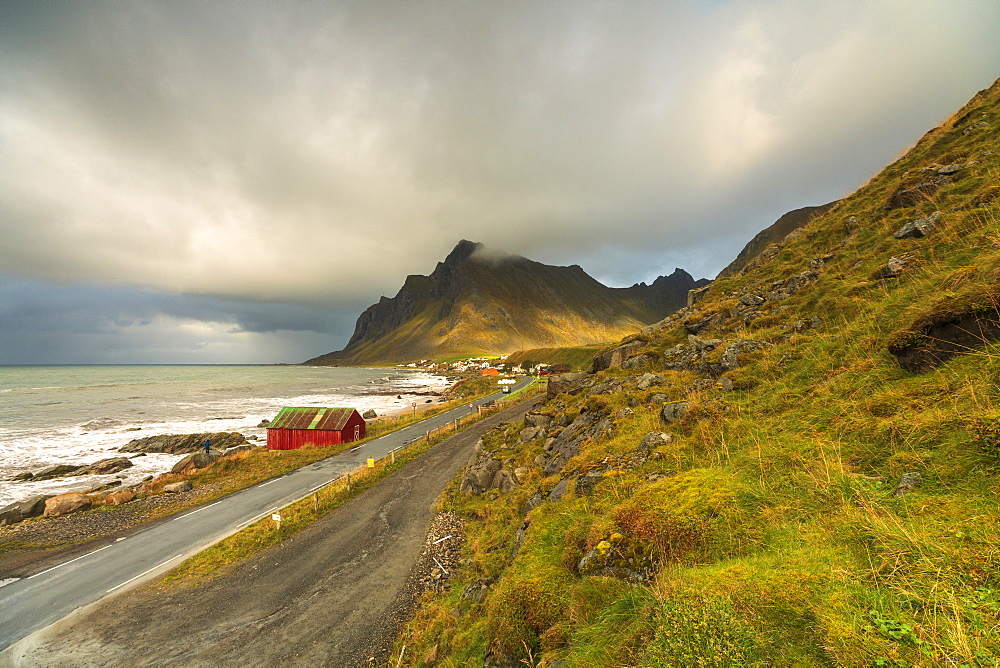 Coastal road in Vikten, Lofoten Islands, Norway, Europe